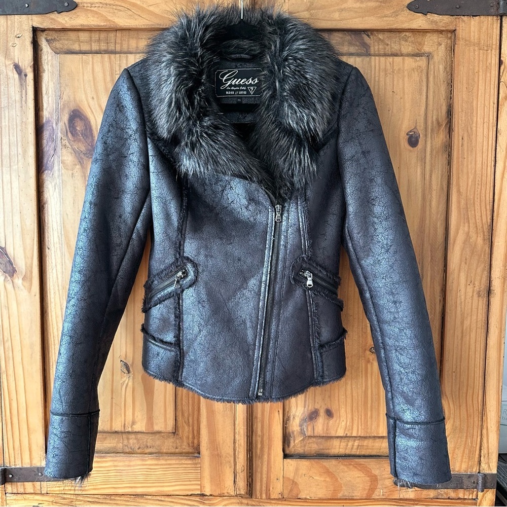 Vintage 90's Y2K Guess Black Moto Bike Jacket Faux Fur Faux Leather Mob Wife XS
